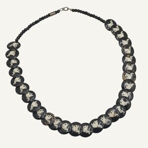Boho Artisan Wood Disc Elephant Inlay Necklace Black Cream 16 Inch Tribal Hippie
